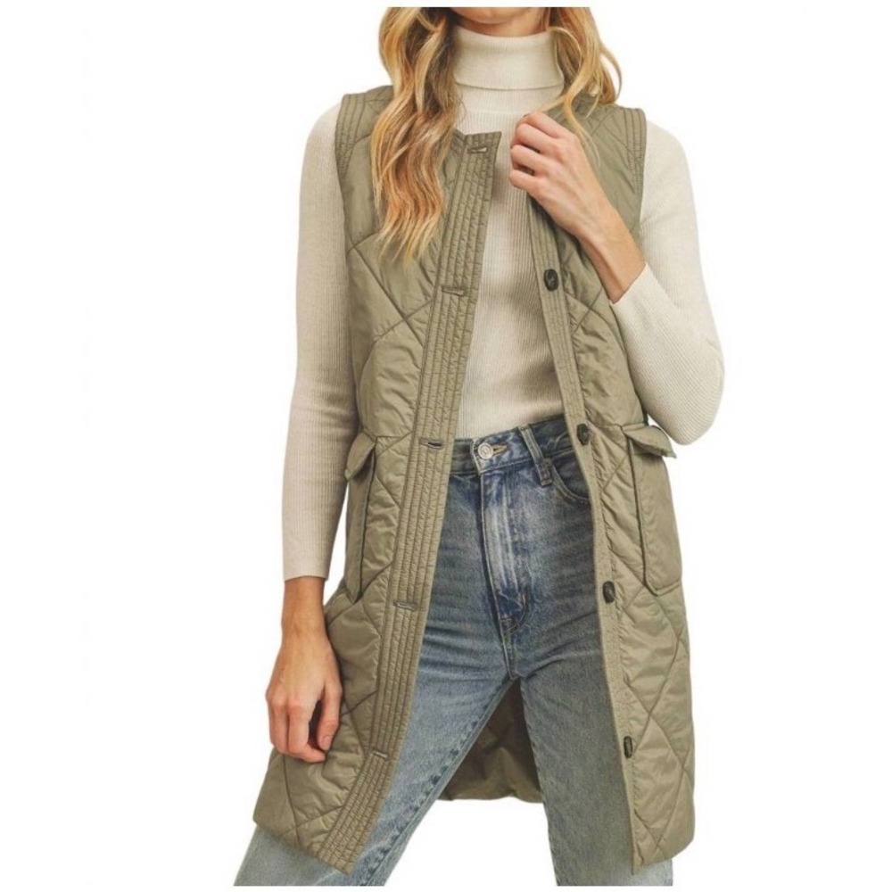 Paper Crane Quilted Vest Womens Medium Green Excellent Longline Button Front